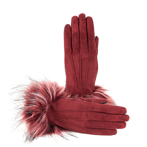 Ladies' burgundy suede gloves featuring a luxurious faux fur cuff, showcasing elegant Italian craftsmanship and refined design.