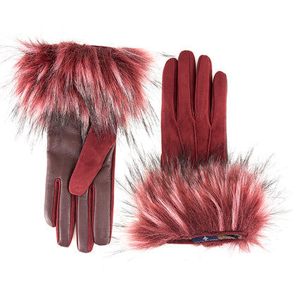 Ladies' burgundy leather and suede gloves featuring a luxurious faux fur cuff for warmth and elegance.