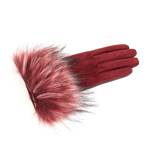 Ladies' burgundy suede gloves featuring a luxurious faux fur cuff for added elegance and warmth.