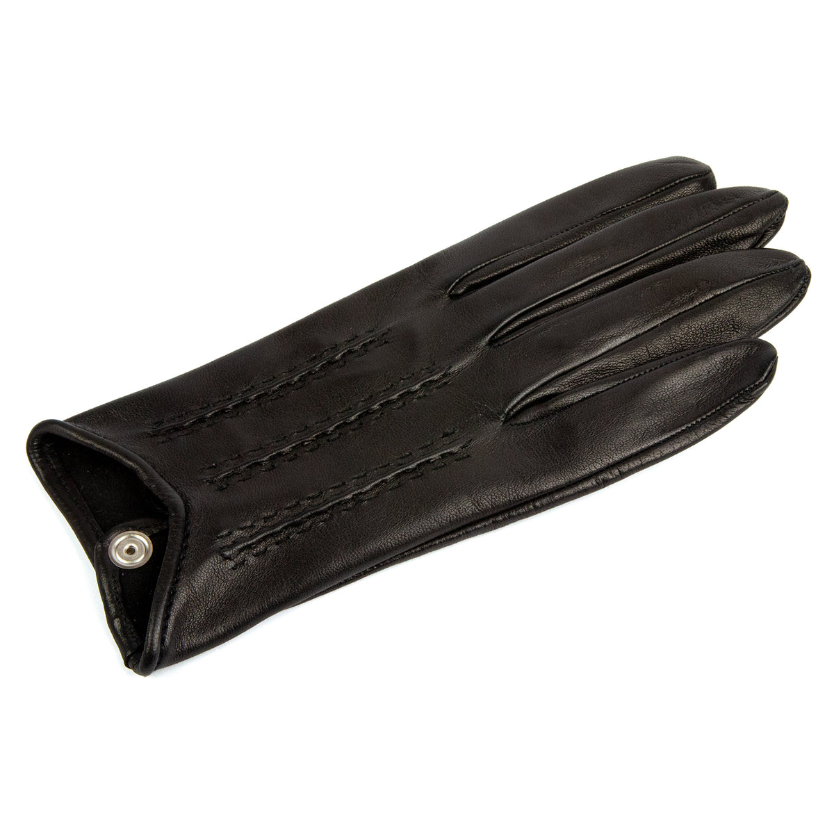 Black unlined leather spring gloves showcasing elegant stitching and refined Italian craftsmanship.