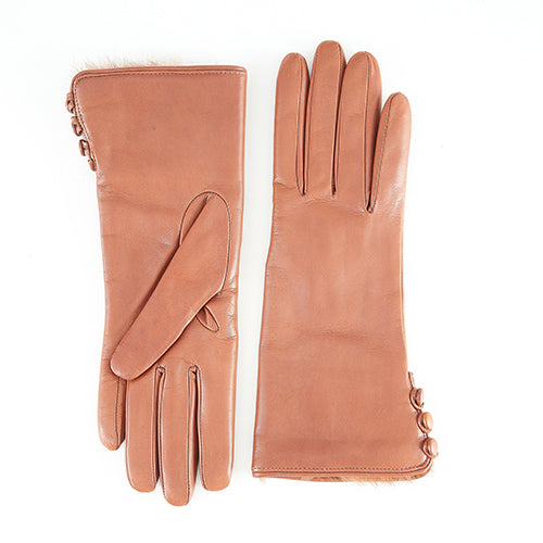 Women's cognac nappa leather gloves featuring elegant rabbit fur details, showcasing Italian craftsmanship and refined design.