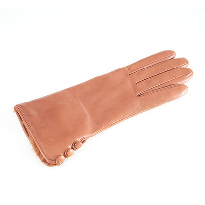 Women's cognac nappa leather gloves featuring soft rabbit fur details, showcasing elegant Italian craftsmanship and timeless design.