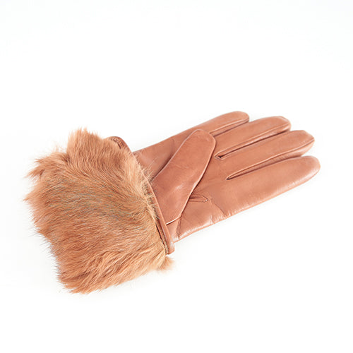 Cognac nappa leather gloves featuring soft rabbit fur details, showcasing elegant Italian craftsmanship and luxurious design.