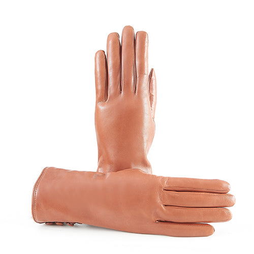 Women's cognac nappa leather gloves featuring elegant rabbit fur details, showcasing Italian craftsmanship and refined style.