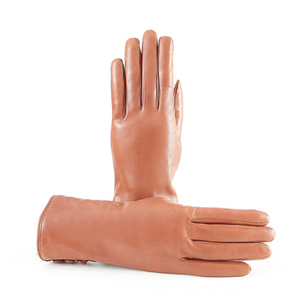 Women's cognac nappa leather gloves featuring elegant rabbit fur details, showcasing Italian craftsmanship and refined style.