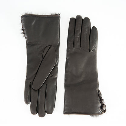 Women's cognac nappa leather gloves featuring soft rabbit fur details and elegant button accents for a luxurious touch.