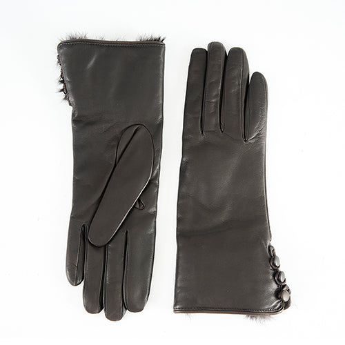 Women's cognac nappa leather gloves featuring soft rabbit fur details and elegant button accents for a luxurious touch.