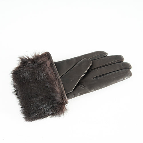 Cognac nappa leather gloves featuring luxurious rabbit fur cuffs, highlighting Italian craftsmanship and elegant design.