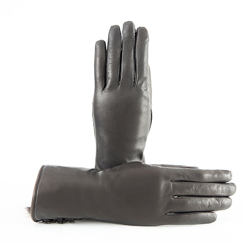 Cognac nappa leather gloves with soft rabbit fur detailing, showcasing elegant Italian craftsmanship and luxurious design.