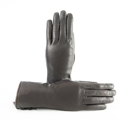 Cognac nappa leather gloves with soft rabbit fur detailing, showcasing elegant Italian craftsmanship and luxurious design.