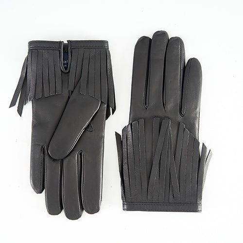 Ladies' black nappa leather gloves featuring stylish fringes and a luxurious cashmere lining for added warmth and elegance.
