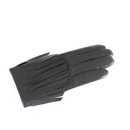Ladies' black nappa leather gloves with fringes, elegantly styled, showcasing Italian craftsmanship and premium design.