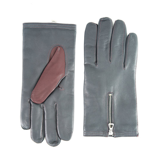 Men's nappa leather gloves in gray with burgundy accents and zip details, featuring a soft cashmere lining for warmth and comfort.