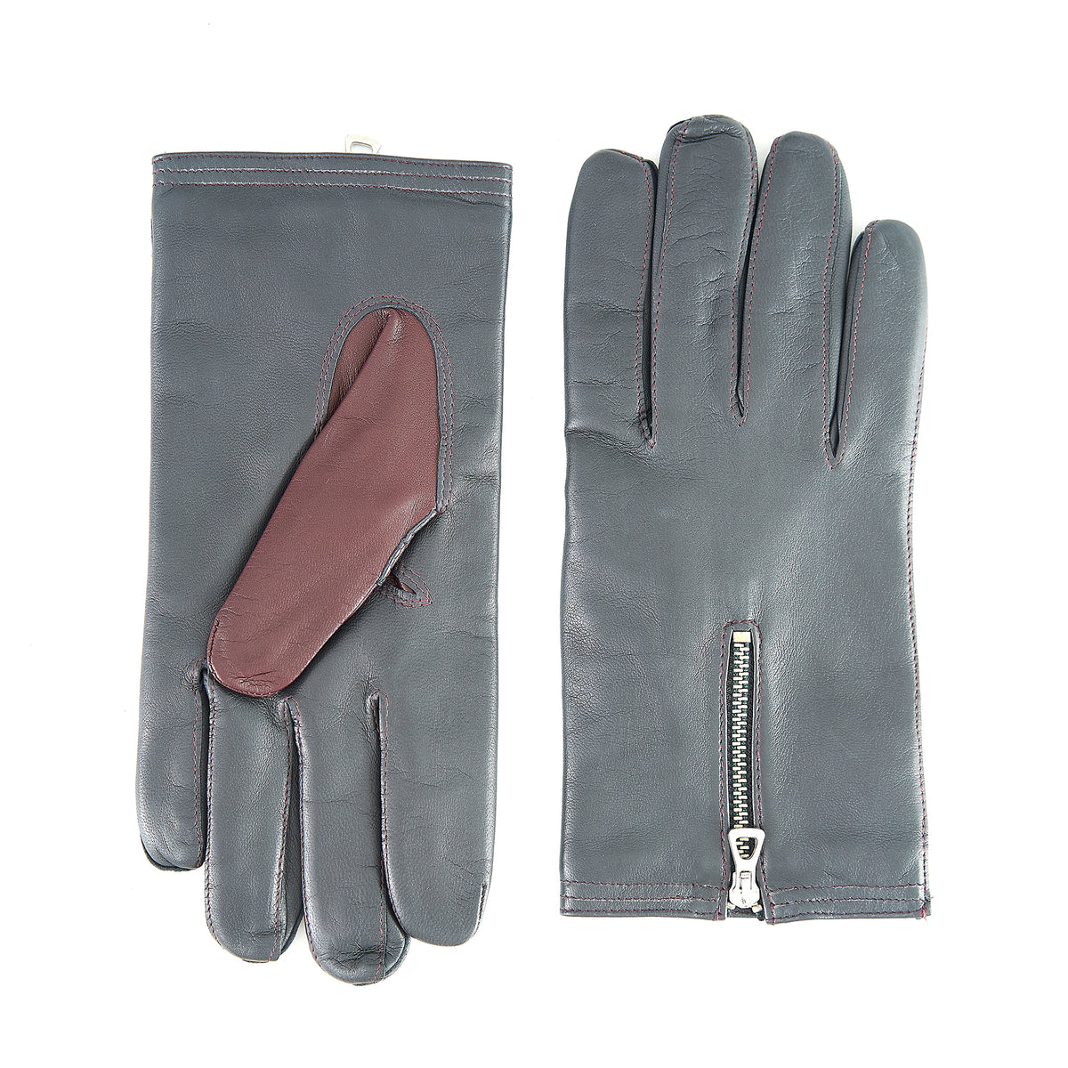 Men's nappa leather gloves in gray with burgundy accents and zip details, featuring a soft cashmere lining for warmth and comfort.