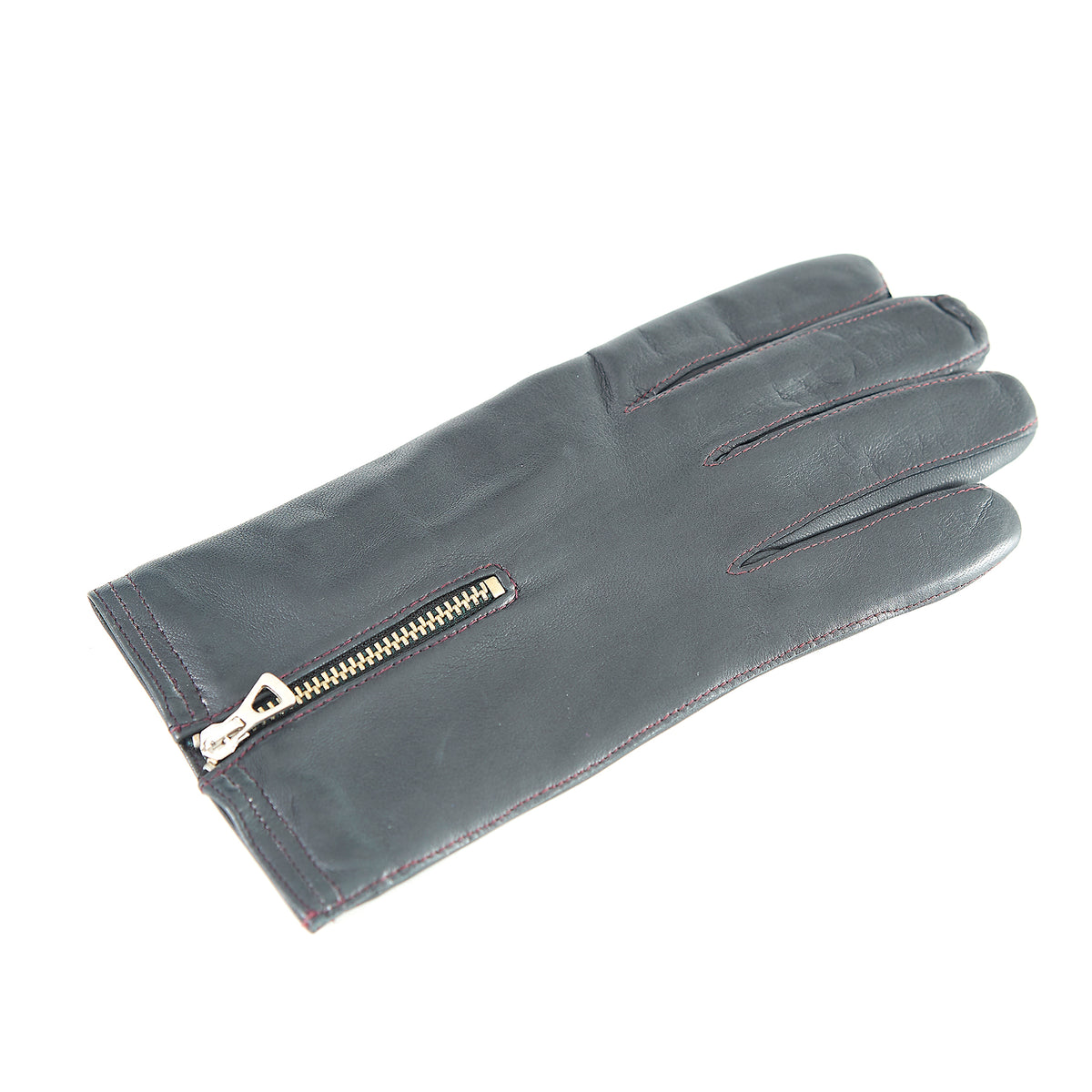 Men's dark nappa leather gloves featuring a stylish zip detail and soft cashmere lining for added warmth and comfort.