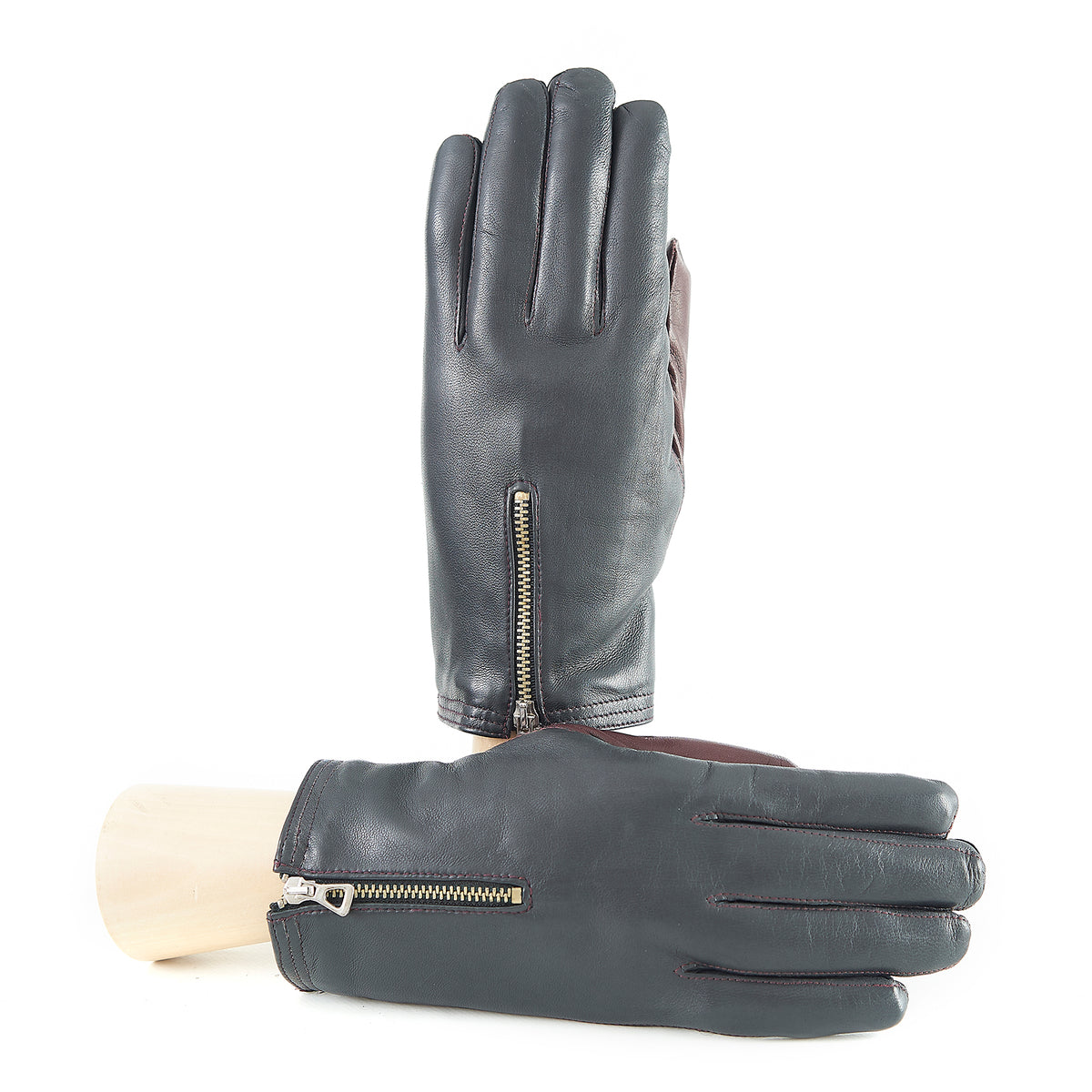 Men's dark brown nappa leather gloves featuring zip details and a soft cashmere lining, showcasing Italian craftsmanship and elegance.
