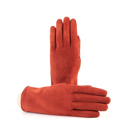 Women’s soft suede leather gloves in rich terracotta, featuring a palm opening and luxurious cashmere lining.