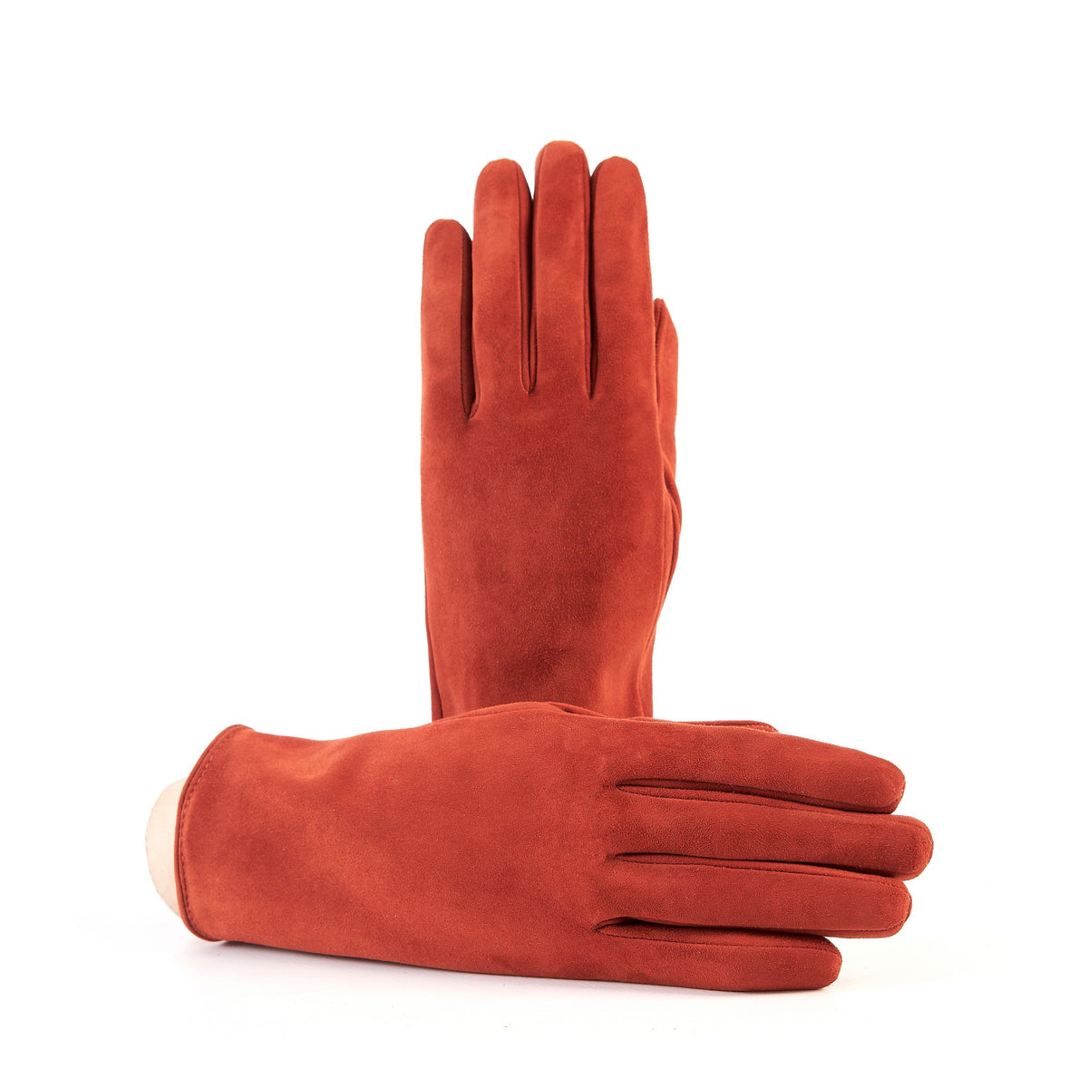 Women’s soft suede leather gloves in rich terracotta, featuring a palm opening and luxurious cashmere lining.
