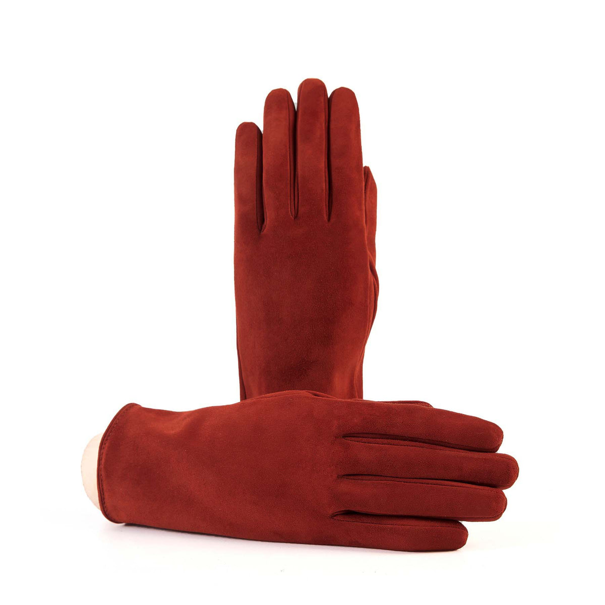 Women’s basic soft suede leather gloves in rich red, featuring a palm opening and luxurious cashmere lining for added comfort.