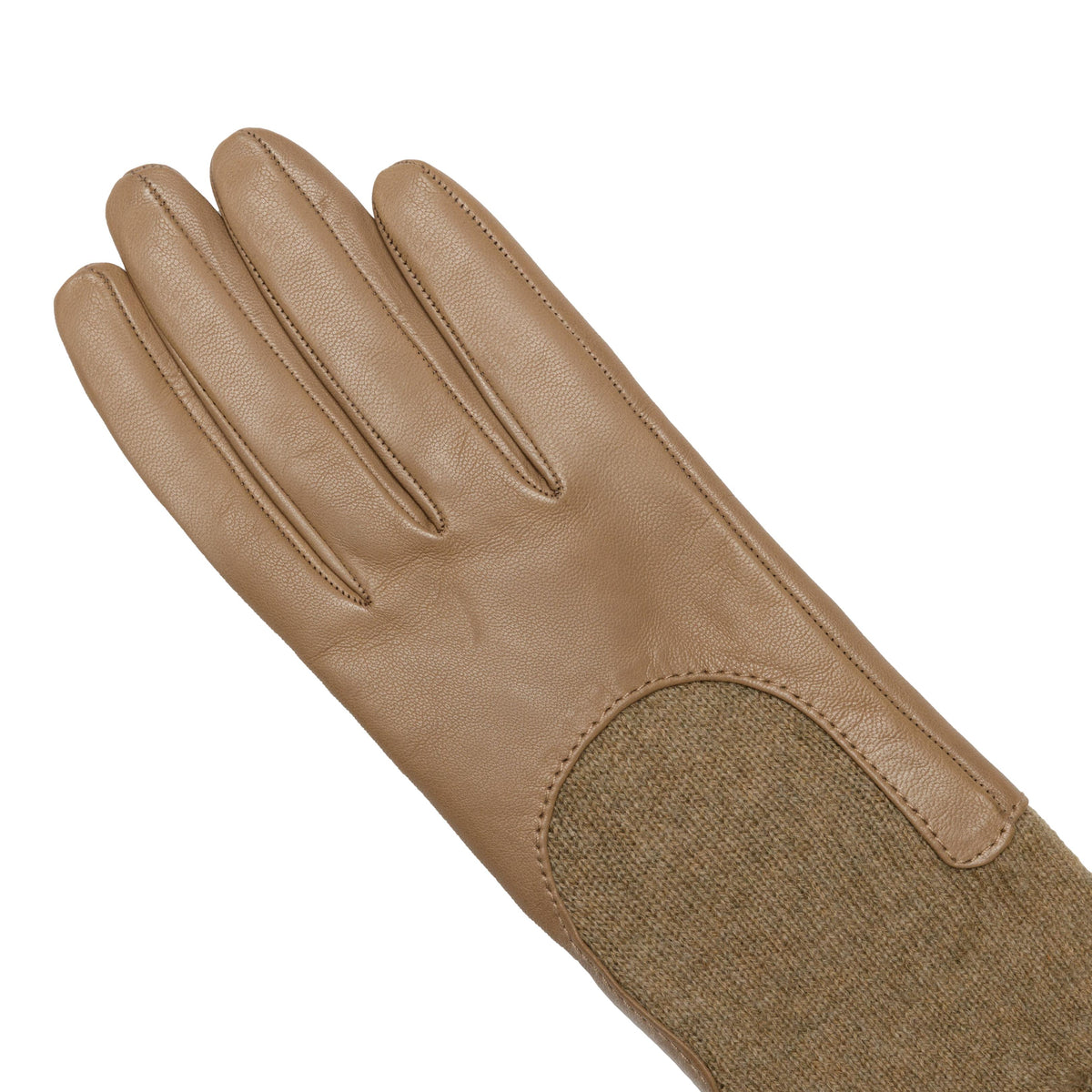 Women's taupe metal free nappa leather gloves with a medium-length natural cashmere sleeve