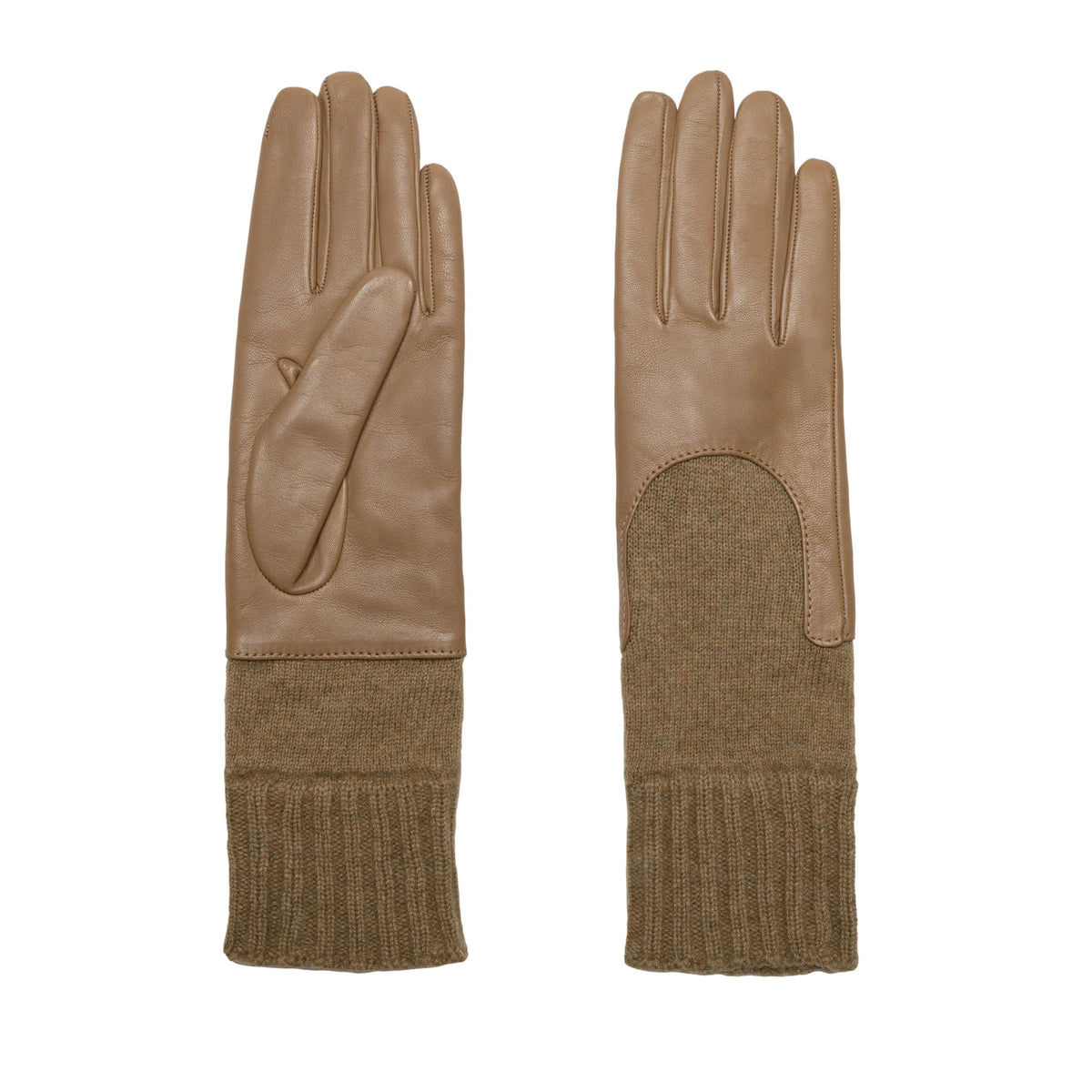 Women's taupe metal free nappa leather gloves with a medium-length natural cashmere sleeve