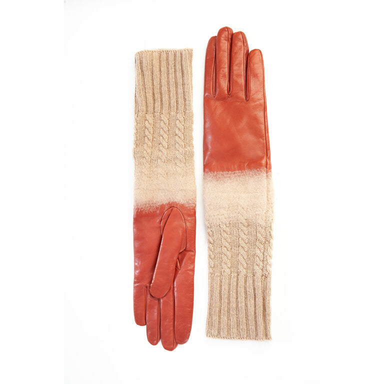 Elegant rust leather gloves with a soft beige knitted cuff, showcasing Italian craftsmanship and luxurious design.
