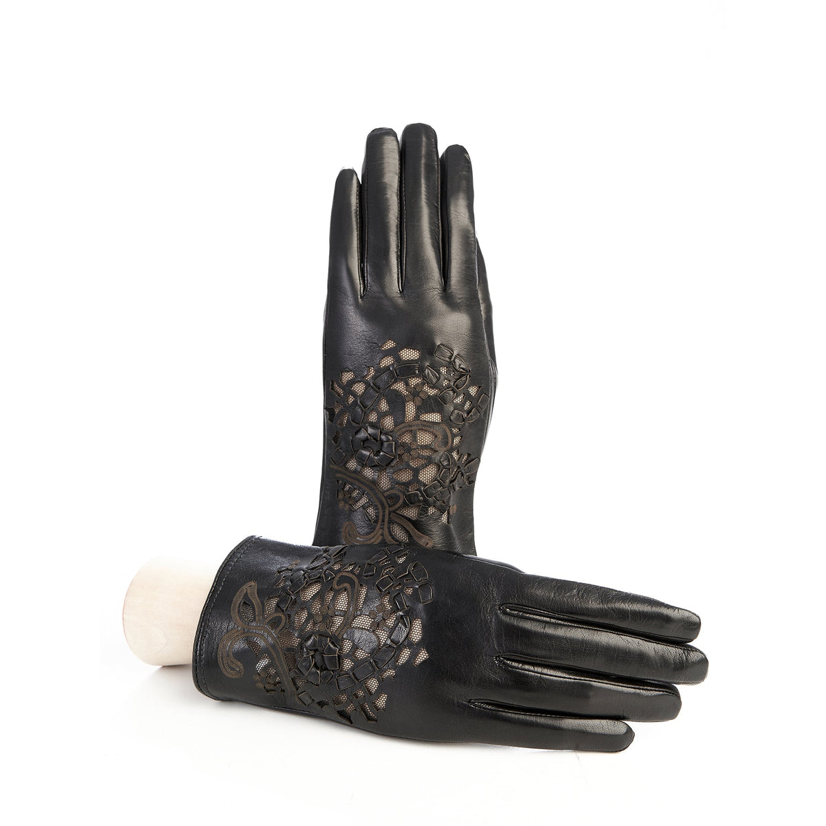 Guanti in pelle nera con fiori intagliati al laser