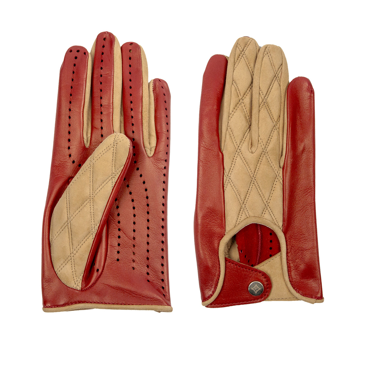 Men's rum-colored nappa and taupe quilted suede unlined gloves