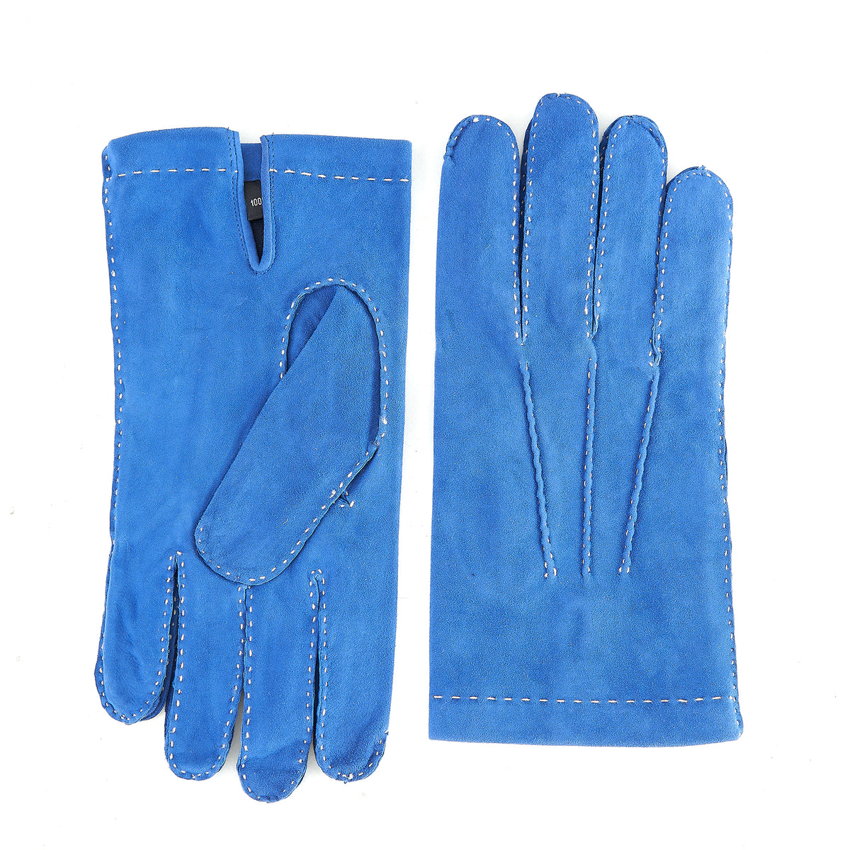 Men's handstitched blue suede leather gloves featuring a silk lining, showcasing elegant Italian craftsmanship.