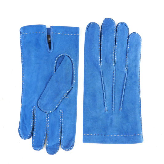 Men's handstitched blue suede leather gloves featuring a silk lining, showcasing elegant Italian craftsmanship.