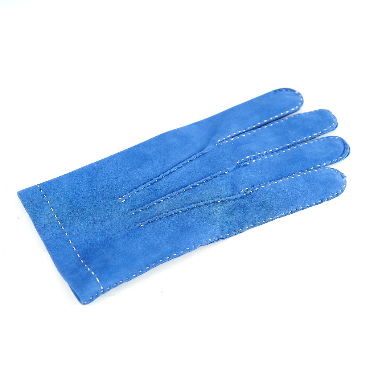 Men's handstitched blue suede leather gloves featuring elegant silk lining and meticulous craftsmanship.
