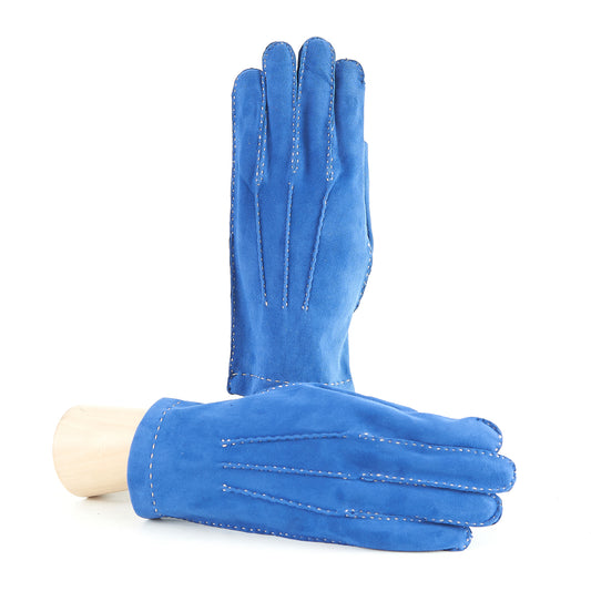 Men's handstitched blue suede leather gloves with elegant stitching, showcasing Italian craftsmanship and luxurious silk lining.