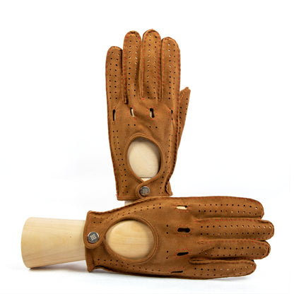 Tobacco colored perforated leather driving gloves with classic knuckle holes and metal snaps - Gala Gloves premium automotive collection