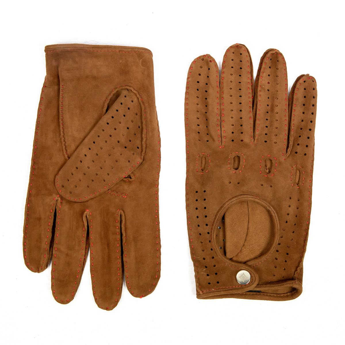 Men's unlined hand-stitched suede driving gloves in rich brown with red stitching and button closure, showcasing Italian craftsmanship.