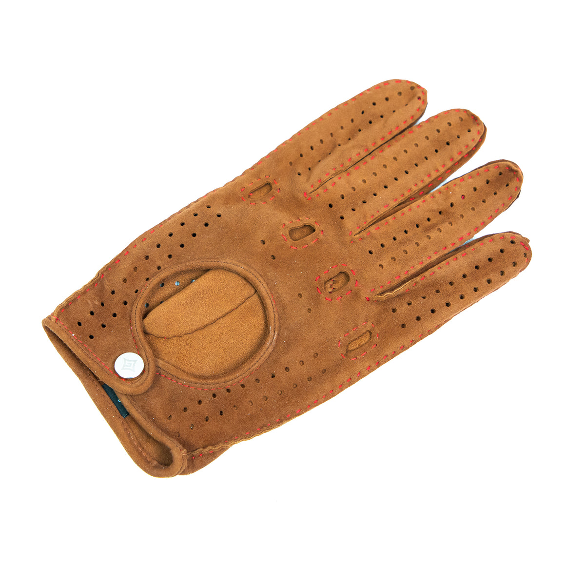Men's unlined hand-stitched suede driving gloves in tan, featuring red stitching and button closure for a refined touch.