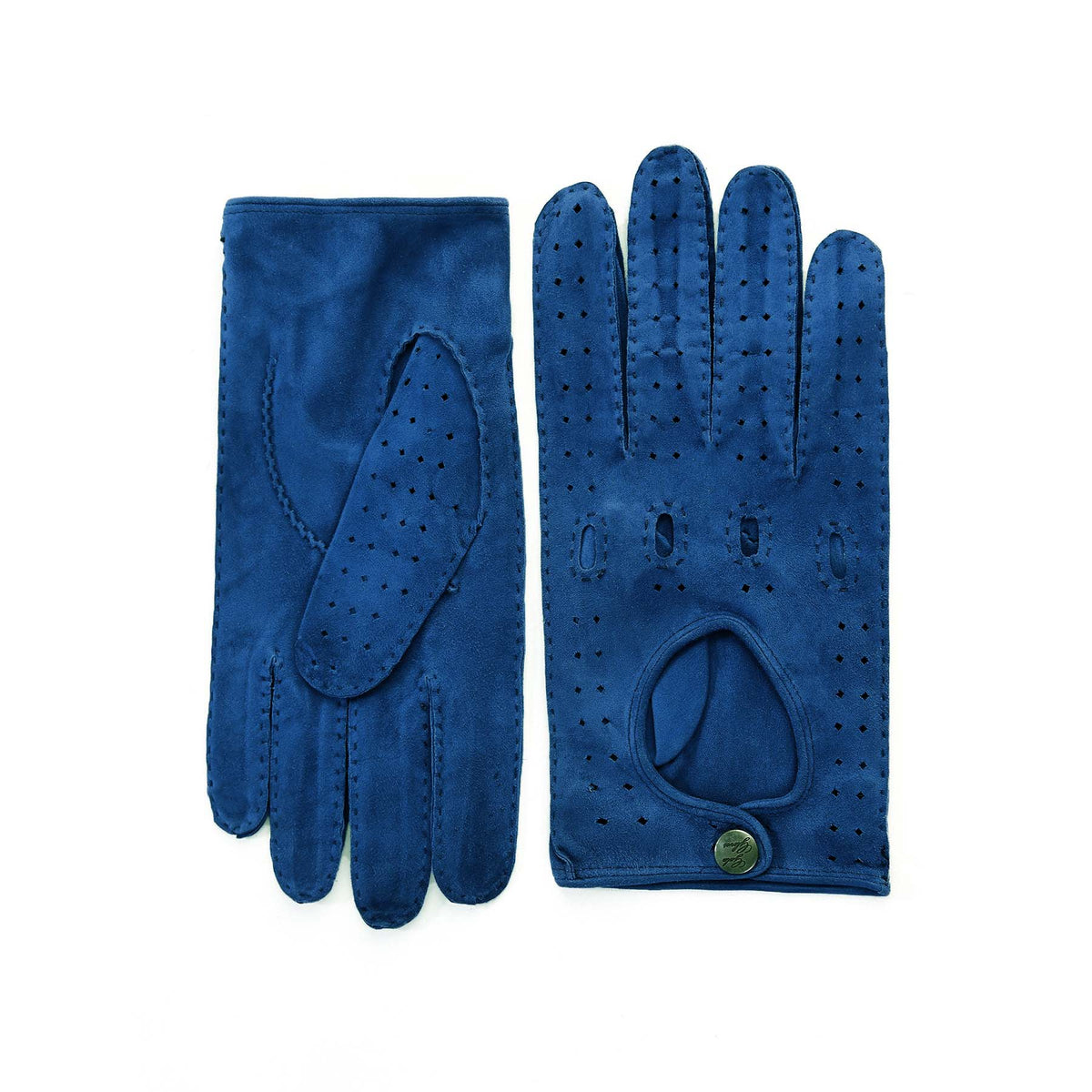 Men's unlined hand-stitched suede driving gloves in deep blue, featuring perforations and a stylish button closure.