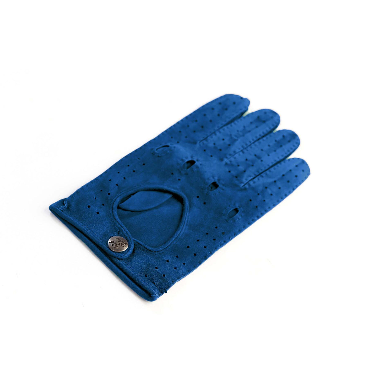Men's unlined driving gloves in deep blue suede, featuring hand-stitched detailing and a stylish button closure.