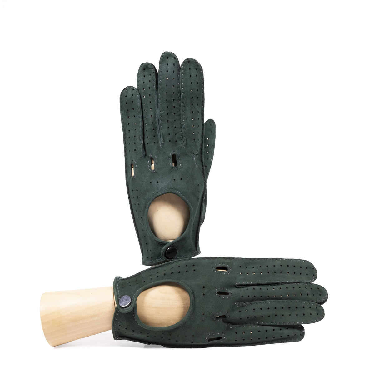 Men's hand-stitched unlined suede driving gloves in deep green, featuring perforations and a button closure for a refined look.