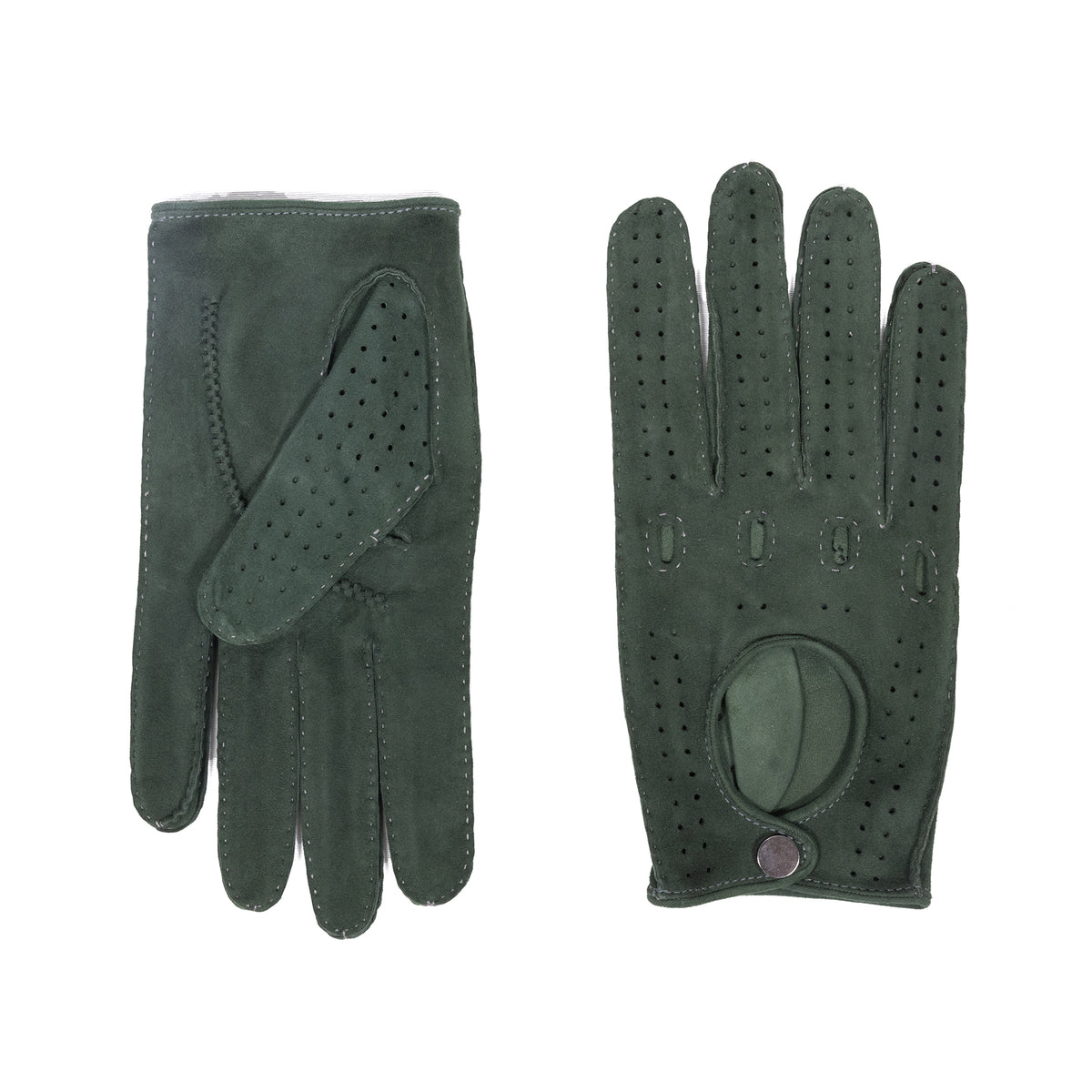 Men's unlined hand-stitched suede driving gloves with button closure