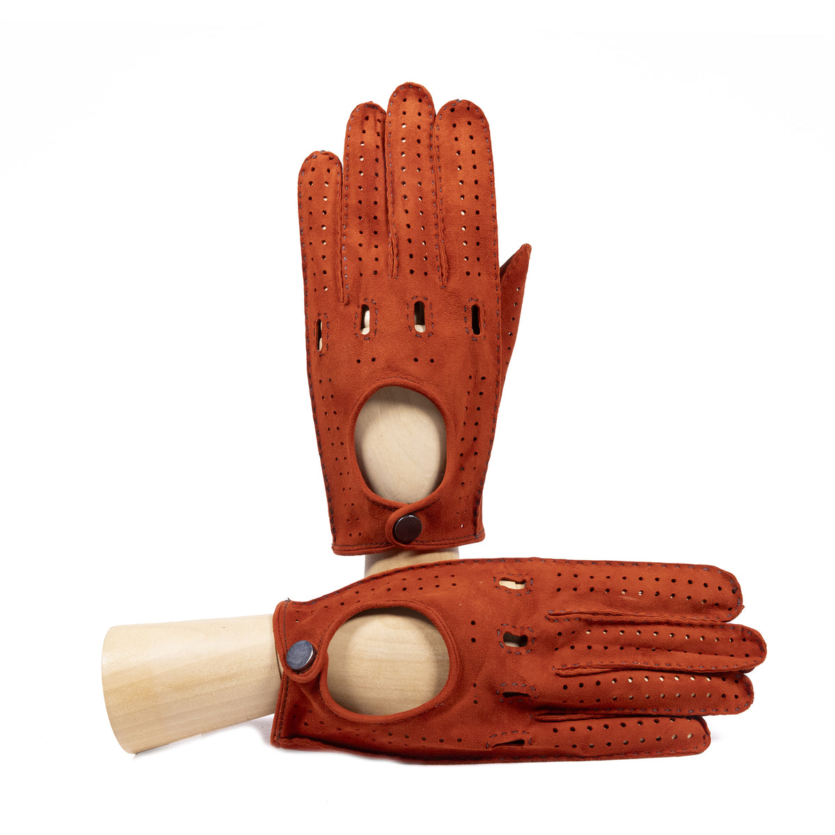 Men's unlined hand-stitched suede driving gloves in rich cognac, featuring perforations and a stylish button closure.