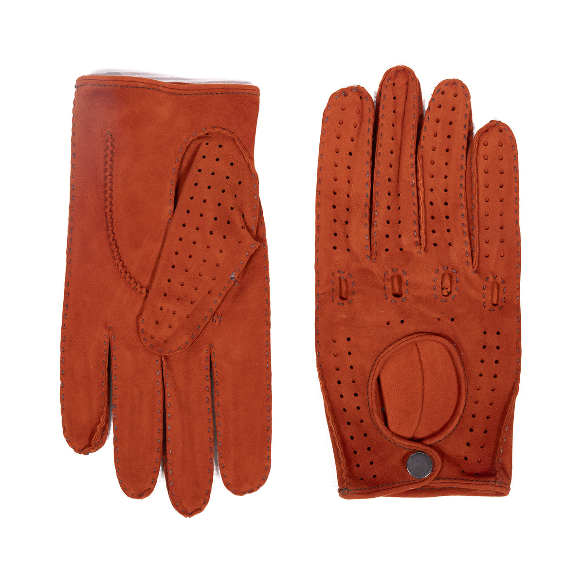 Men's unlined hand-stitched suede driving gloves in rich cognac with perforations and button closure for a stylish grip.
