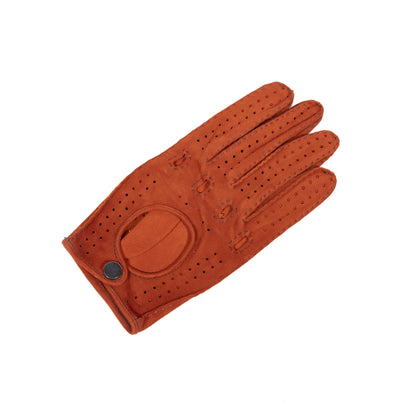 Men's unlined hand-stitched suede driving glove in rich cognac with perforations and button closure, showcasing Italian craftsmanship.