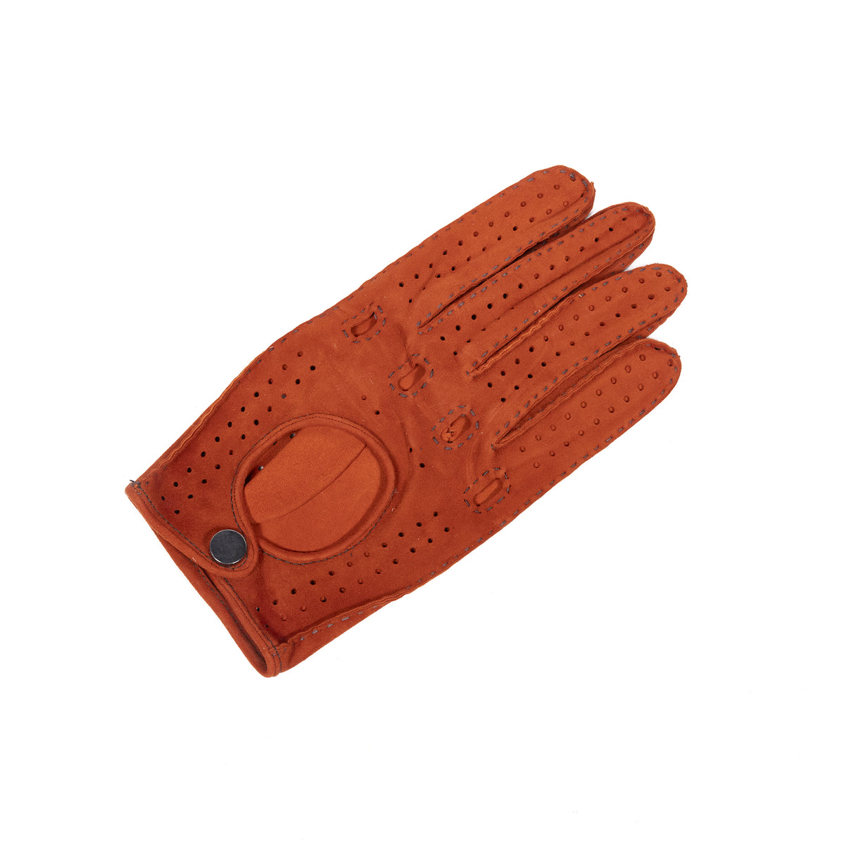 Men's unlined hand-stitched suede driving glove in rich cognac with perforations and button closure, showcasing Italian craftsmanship.