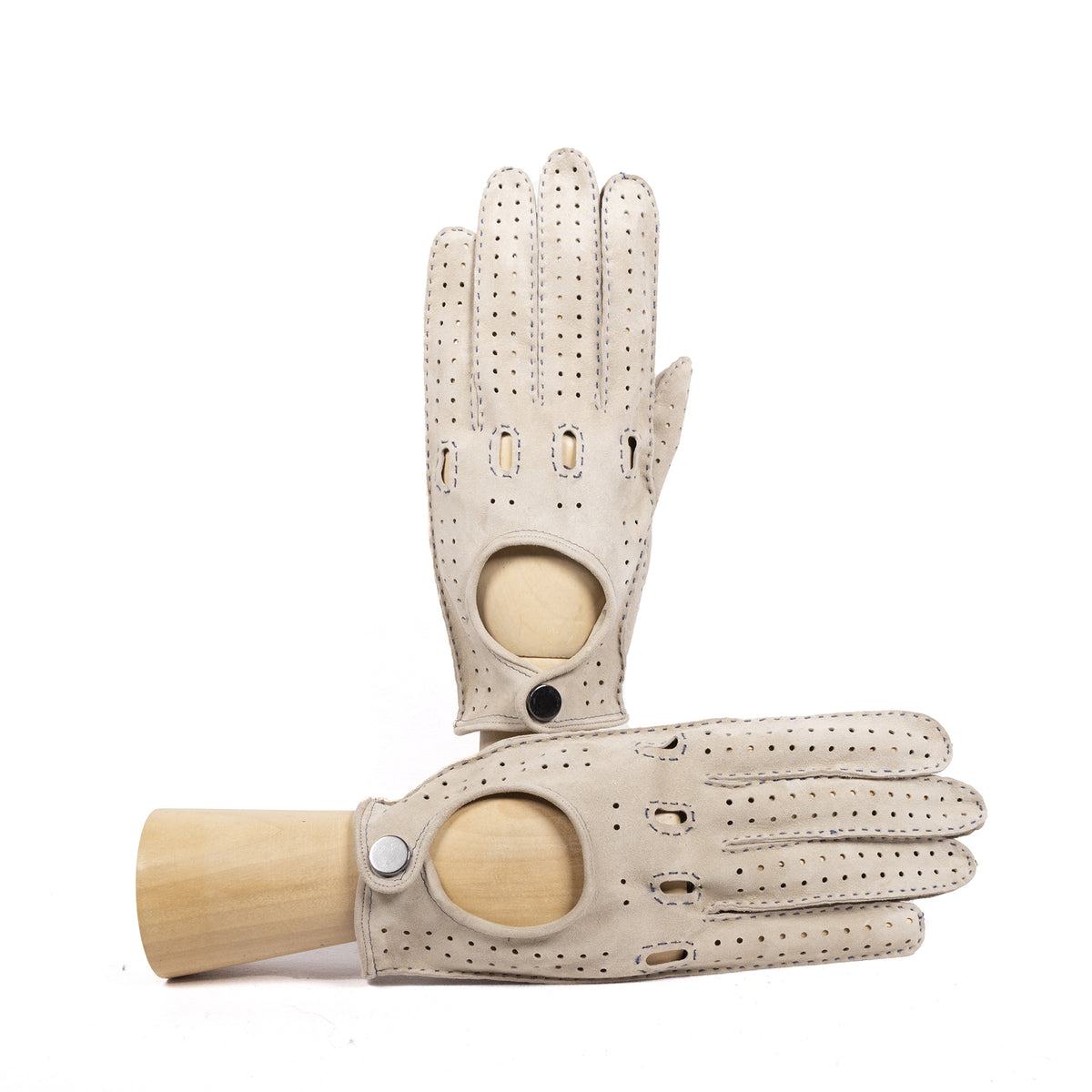 Men's unlined hand-stitched suede driving gloves with button closure - Ecru 1