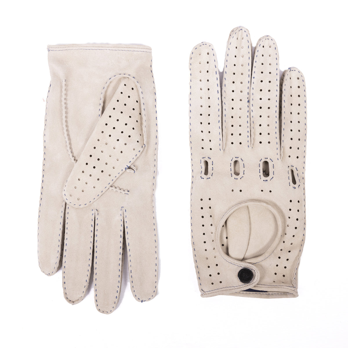 Men's unlined hand-stitched suede driving gloves with button closure - Ecru 2