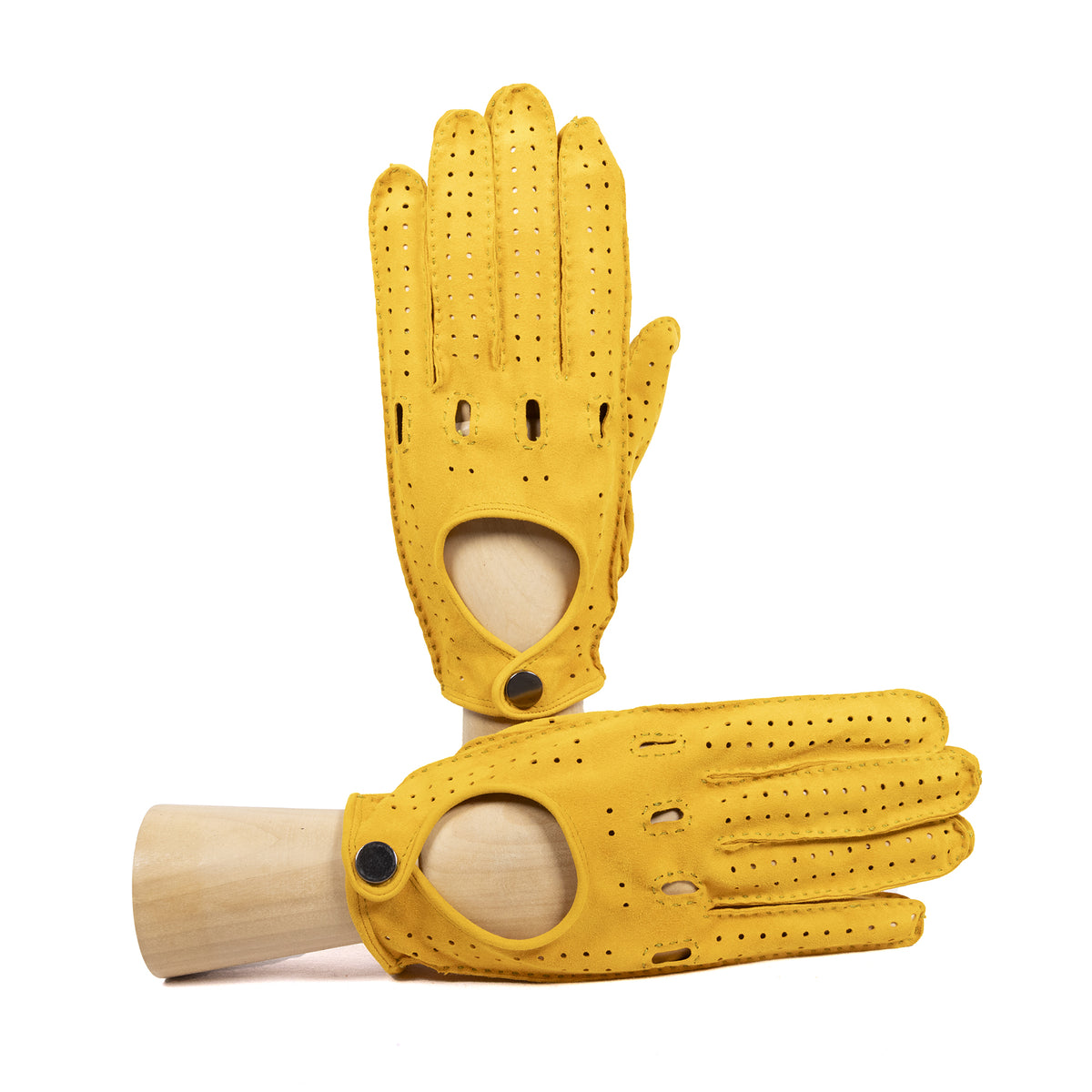 Men's unlined hand-stitched suede driving gloves with button closure - Yellow 1