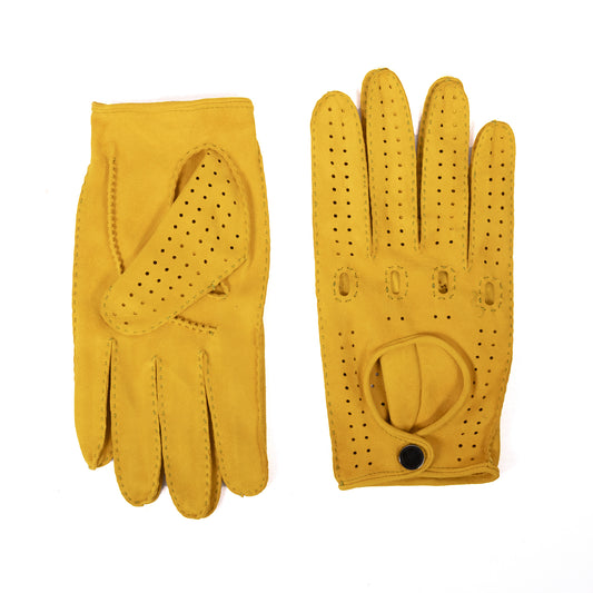 Men's unlined hand-stitched suede driving gloves with button closure - Yellow 2