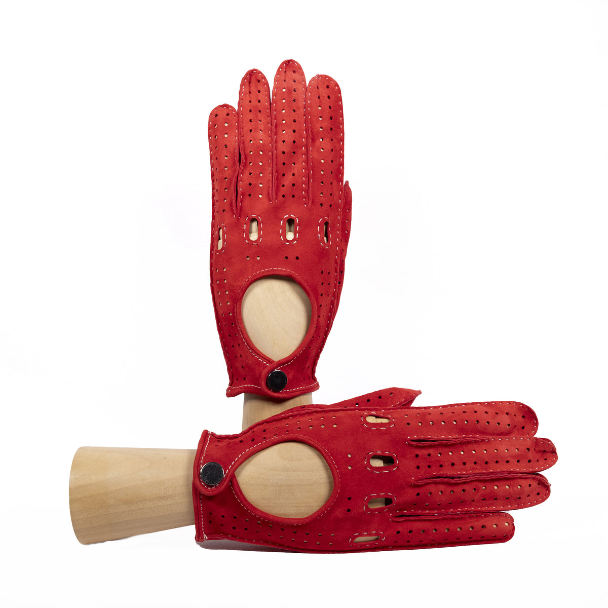 Men's unlined hand-stitched suede driving gloves with button closure - Red 2