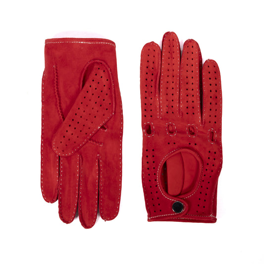 Men's unlined hand-stitched suede driving gloves with button closure - Red 1