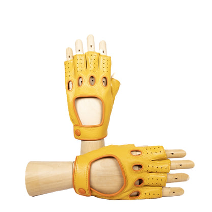 Men's yellow deerskin driving gloves featuring snap closure and contrast detailing, showcasing Italian craftsmanship and style.